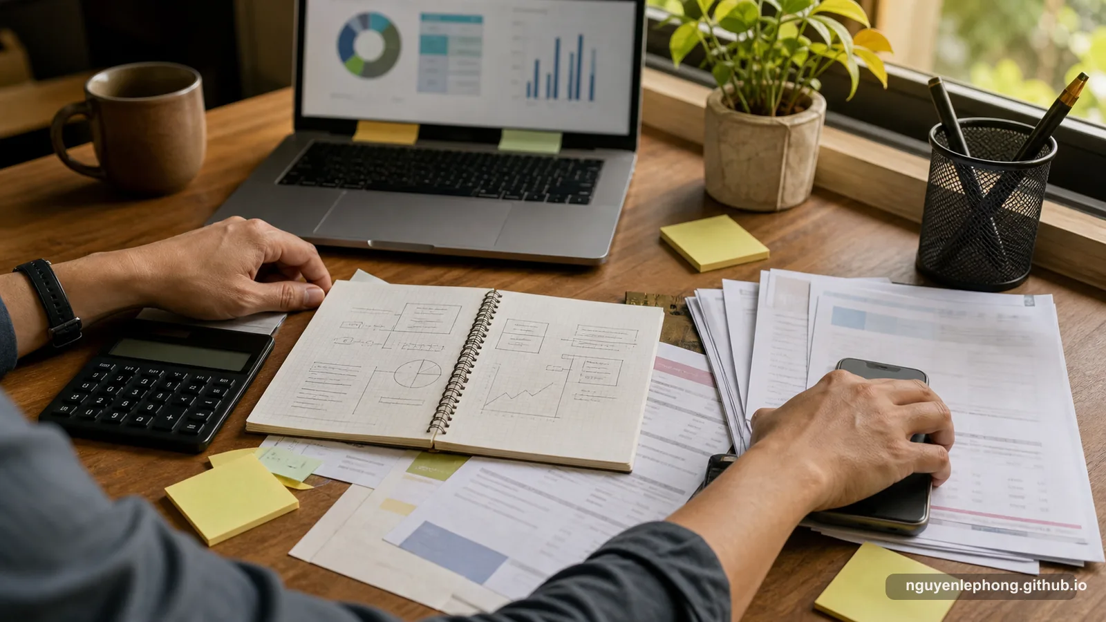 A quiet desk with a calculator, notebook, blurred charts, and a phone set aside during an investment risk review.