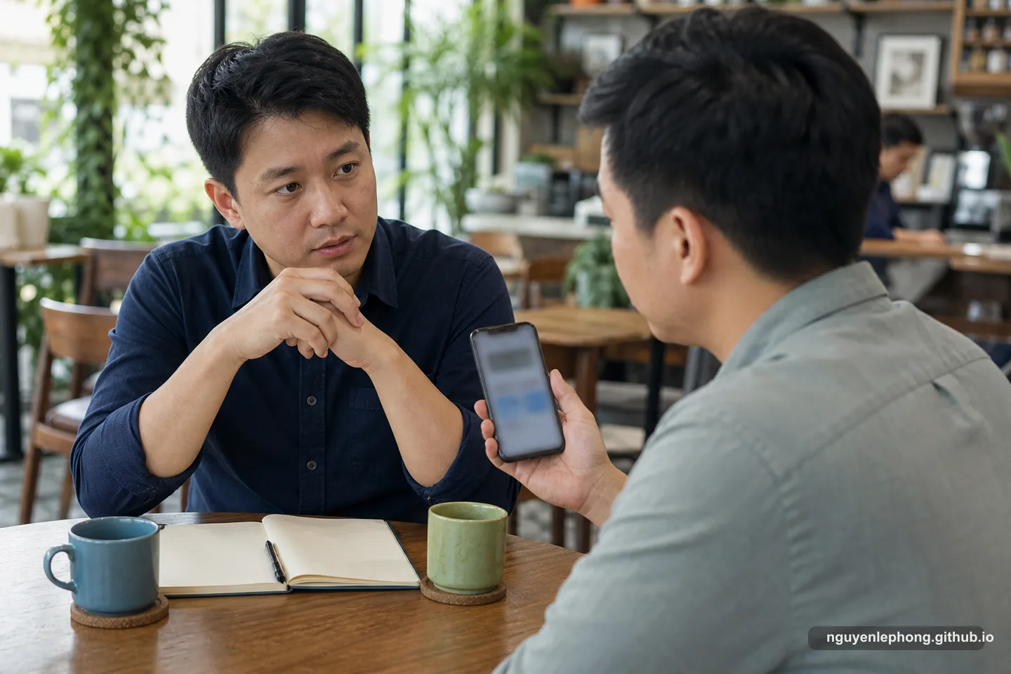 Two Vietnamese adults in a cafe pause over a blurred phone screen during a cautious investment conversation.