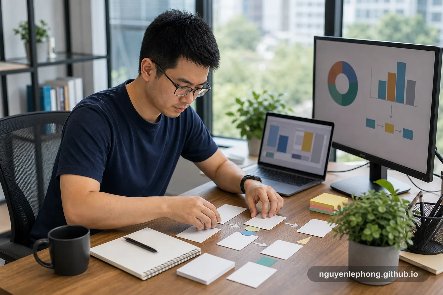 Nguyen Le Phong arranges blank workflow cards on his desk, turning repeated work into a reusable system.