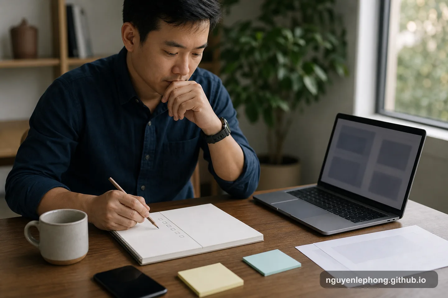 A professional pauses over a blank checklist beside a laptop and papers, with a thin line drawn across the notebook page.