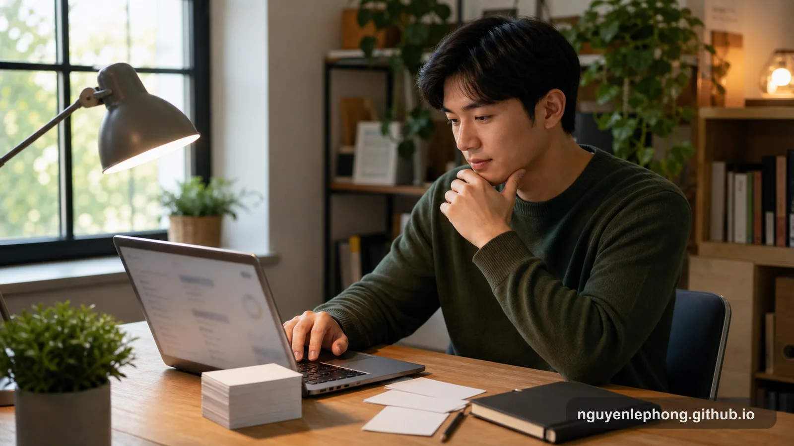 A professional works at a calm desk with a laptop, blank task cards, flashcards, and a closed notebook arranged as trusted systems.