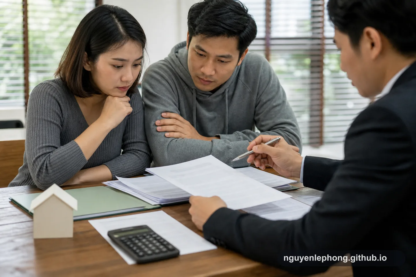 A Vietnamese couple compares home-loan documents with an advisor, focusing on terms and fees beyond the advertised interest rate.