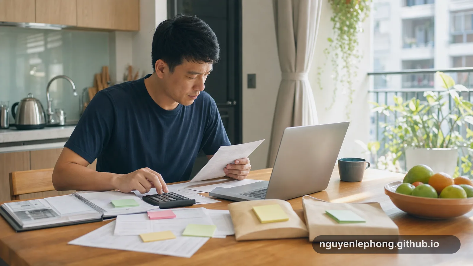 A Vietnamese home buyer reviews a household budget at a small apartment table before deciding how much mortgage debt feels survivable.