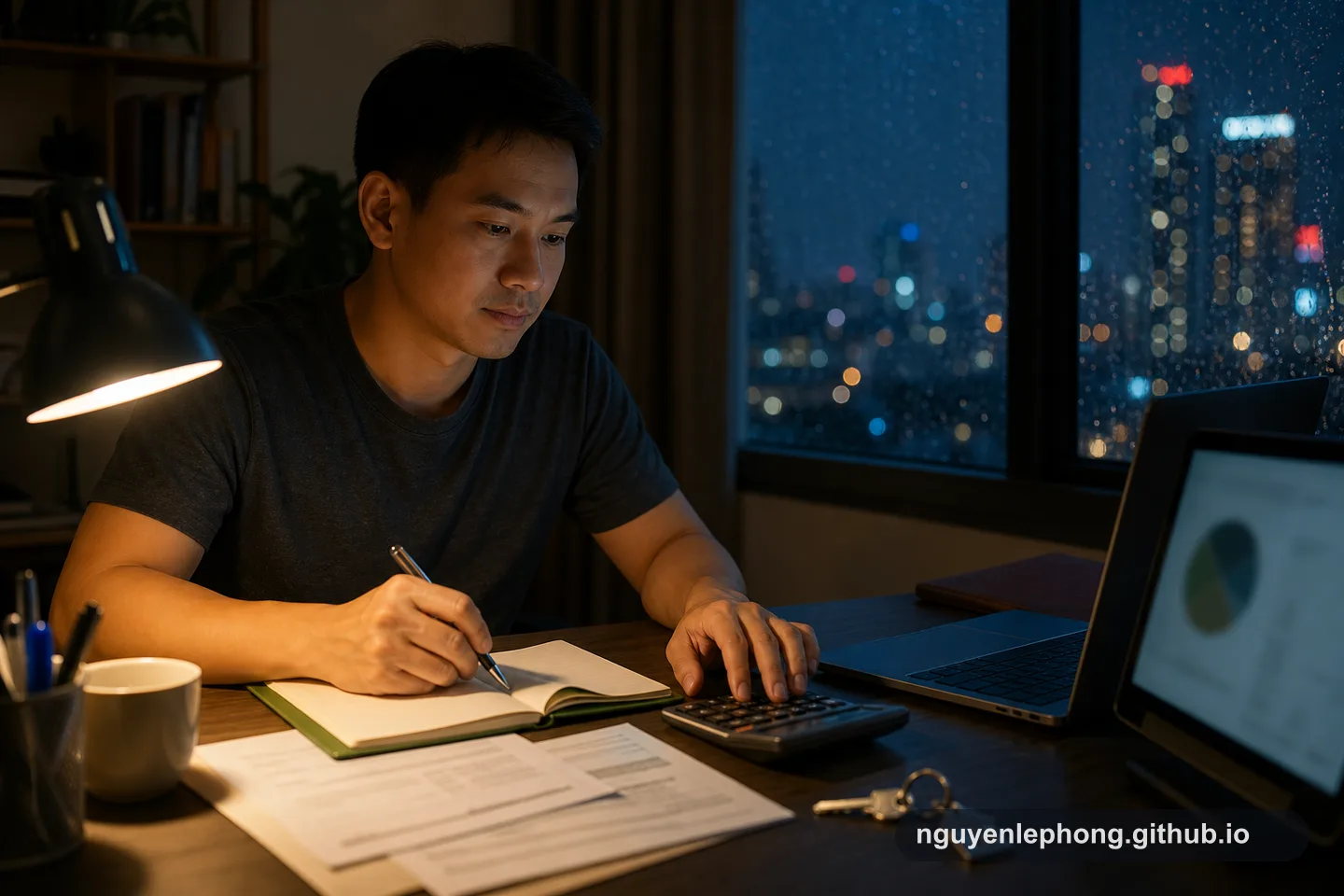 A Vietnamese home buyer works late at a desk with keys, a calculator, and blurred documents while stress-testing a mortgage decision.