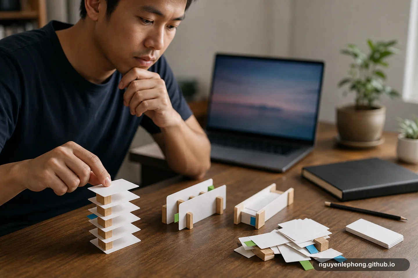 A programmer compares several unlabeled card and block structures on a desk beside a blurred laptop.