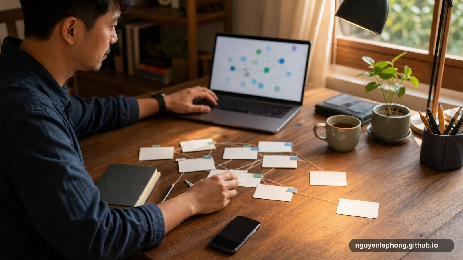 A Vietnamese adult organizes blank linked cards beside a blurred note graph on a laptop at a warm desk.