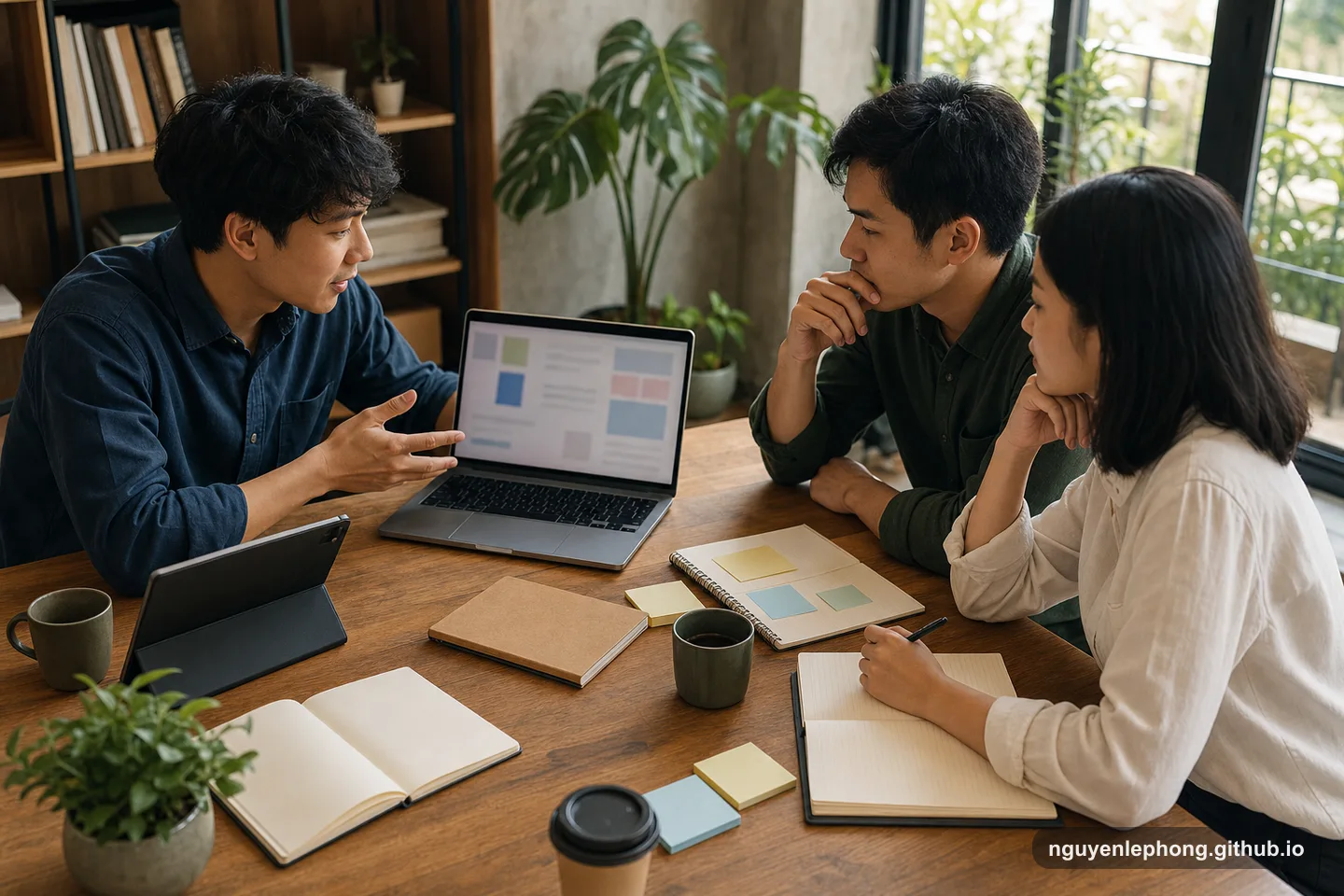Three Vietnamese teammates review a small prototype demo at a wooden startup table with laptops, blank notes, and careful attention.