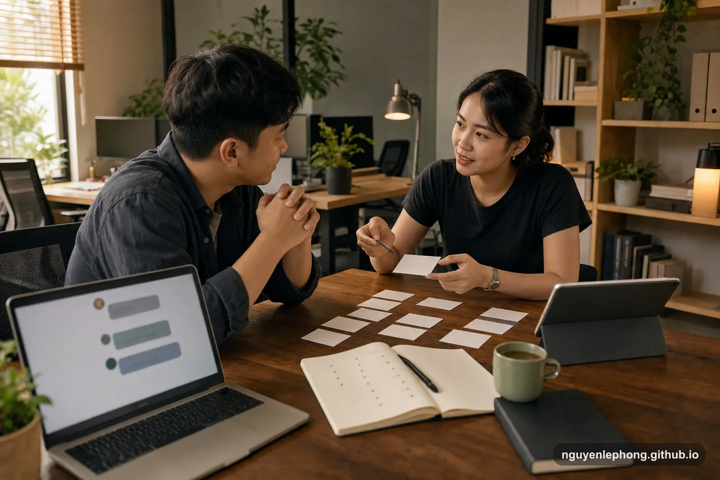 Two Vietnamese teammates review blank win cards and abstract message shapes during a calm one-on-one conversation.