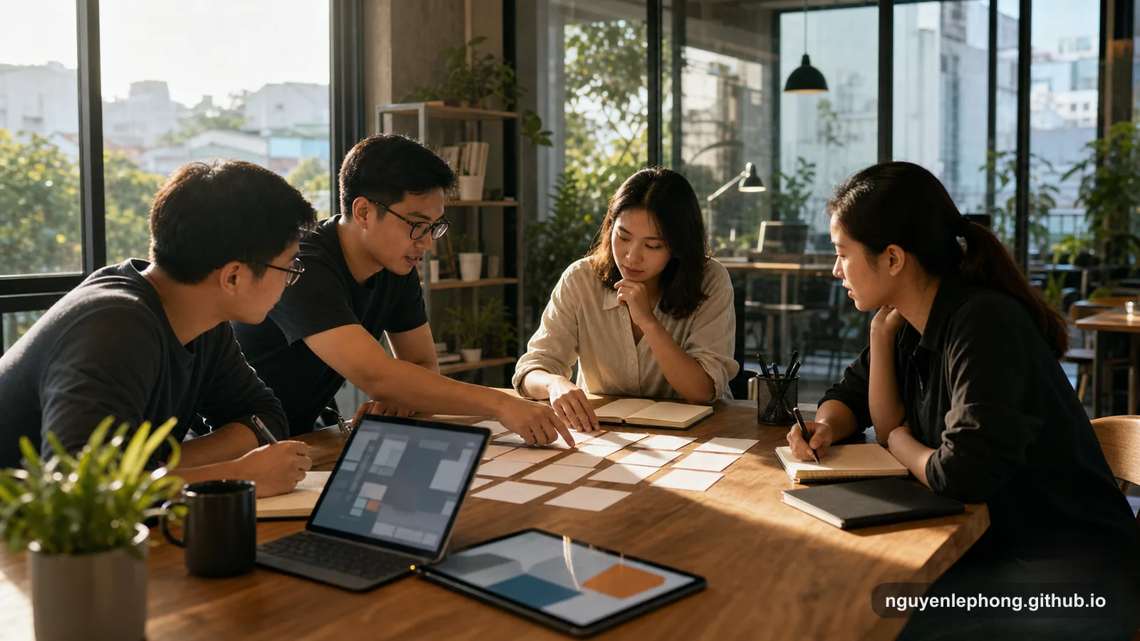 A small Vietnamese founding team arranges blank cards and product tools around a warm office table before defining a startup culture.