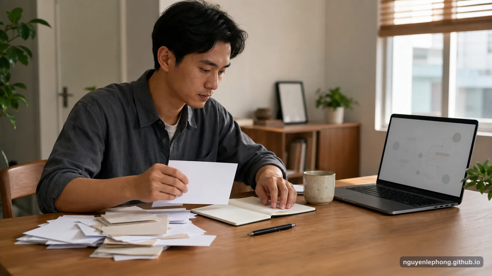 A Vietnamese professional sorts blank clippings beside an open notebook and a laptop with an abstract note map.