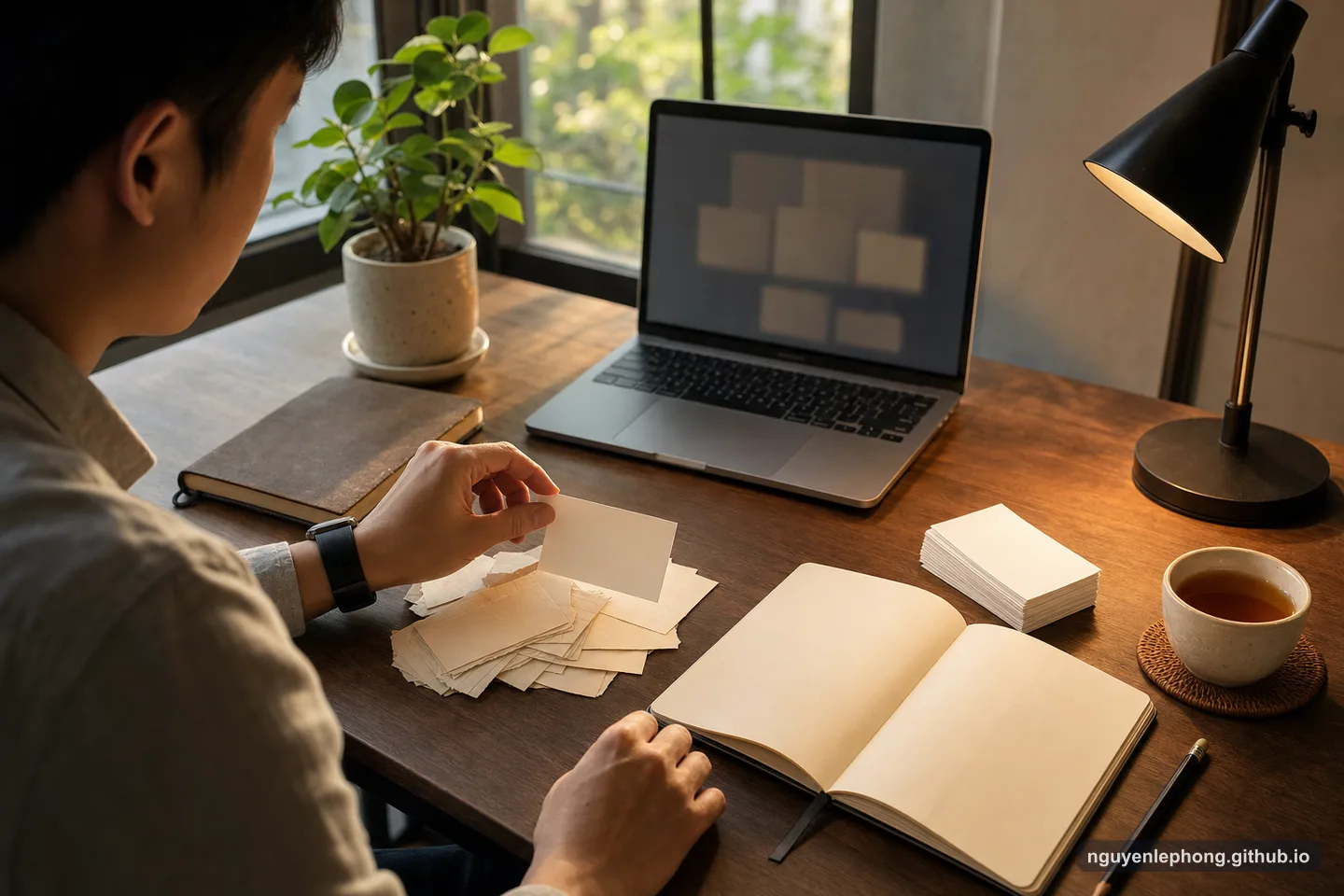 A Vietnamese professional moves a blank note card from an old paper pile toward a current notebook beside a laptop.