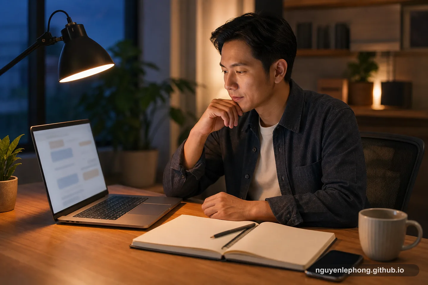Một người ngồi trước laptop có nội dung bị làm mờ vào buổi tối; cạnh đó là sổ mở, bút, điện thoại và một chiếc cốc.