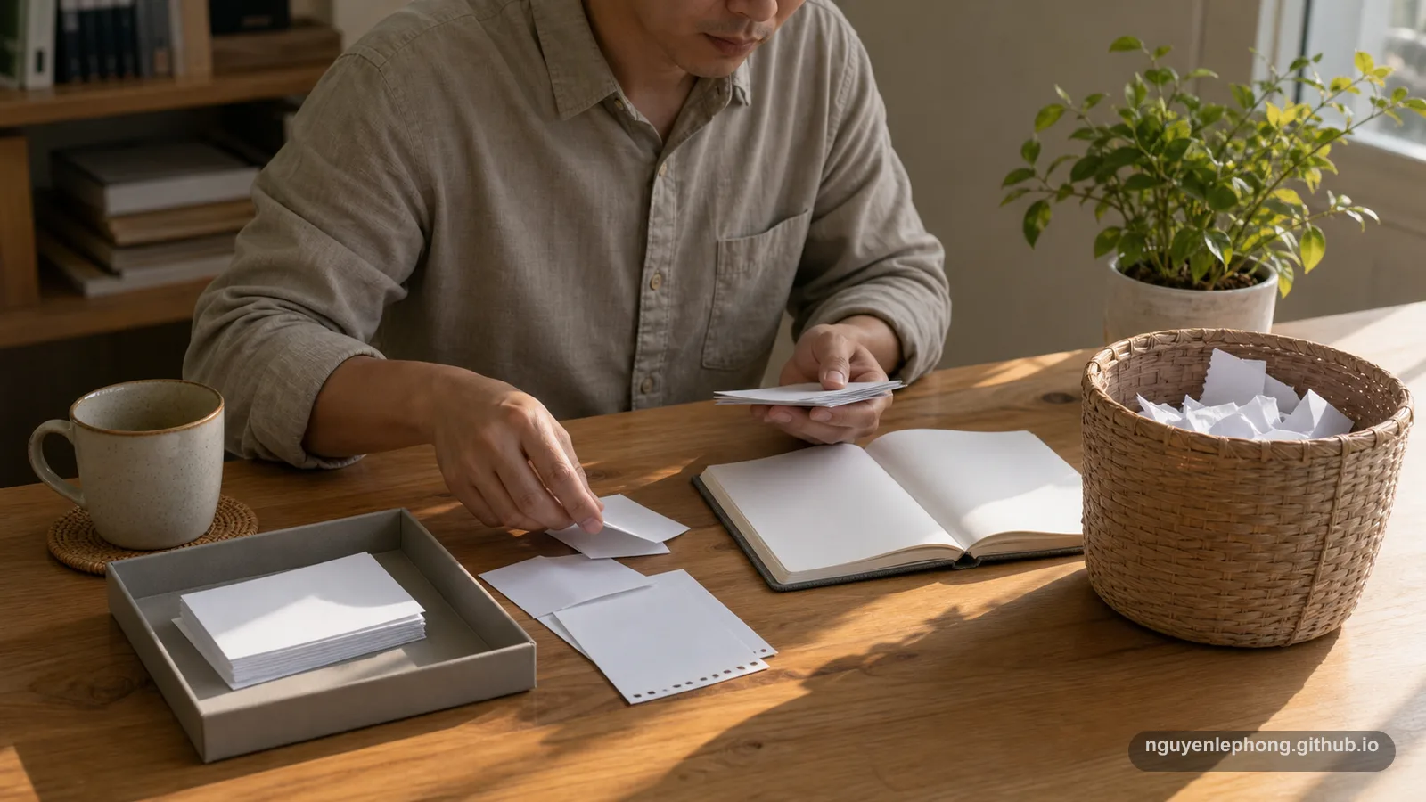A professional sorts blank loose note cards beside an open notebook and a paper basket after processing fleeting notes.