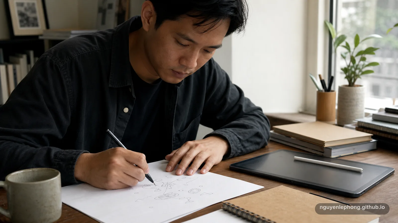 A professional handwrites abstract marks on loose paper with a tablet and stylus nearby, using the body to stay with the thought.