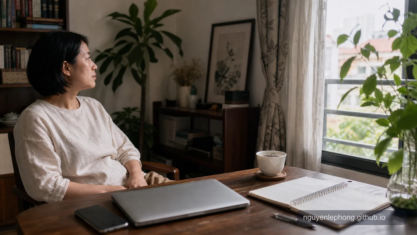 A quiet home desk with a closed laptop, phone face down, tea, and a person sitting back during an unscheduled hour of rest.